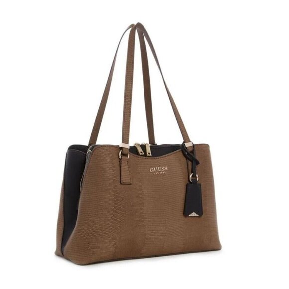 GUESS Lyndi Girlfriend croc embossed large satchel - Brown/Black - Picture 16 of 16